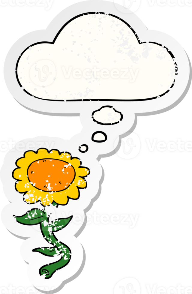 cartoon sunflower with thought bubble as a distressed worn sticker png
