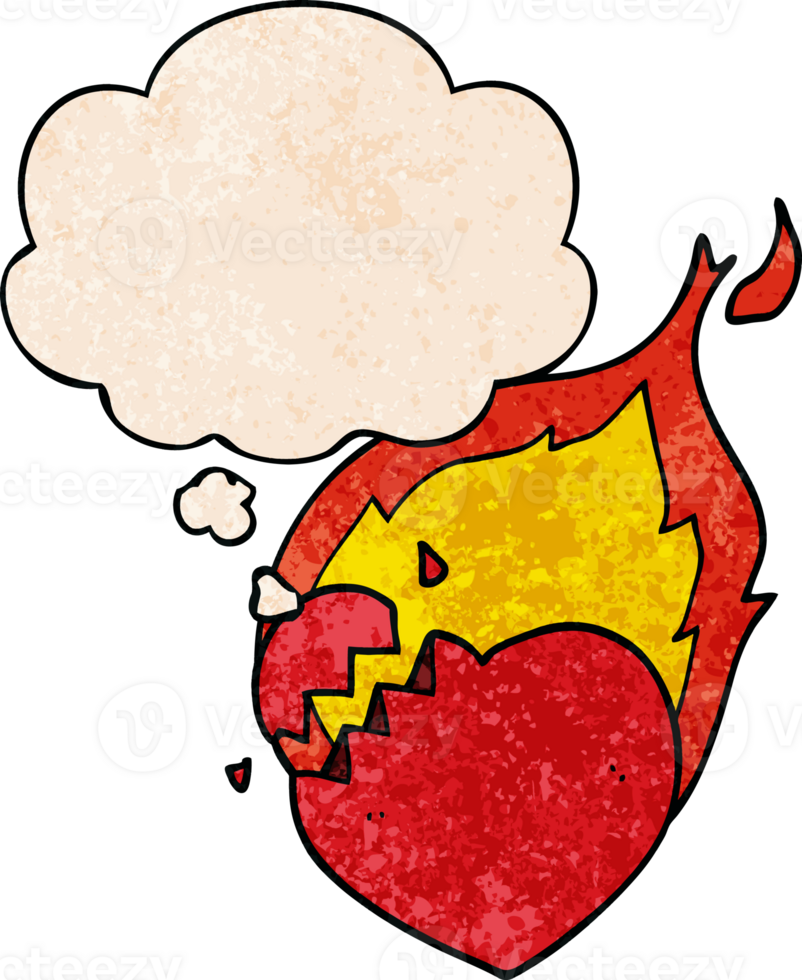 cartoon flaming heart with thought bubble in grunge texture style png