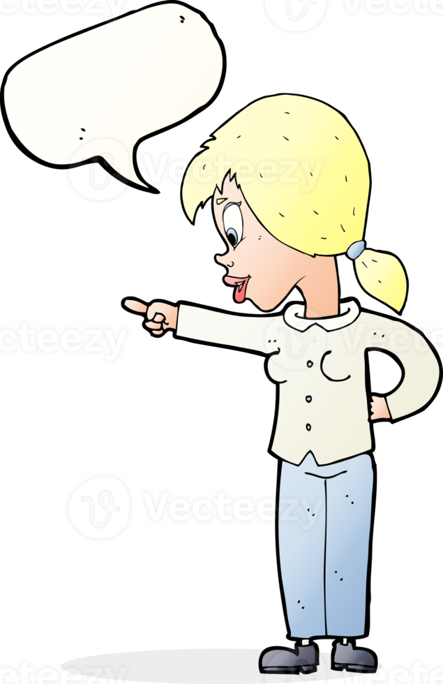 cartoon enthusiastic woman pointing with speech bubble png