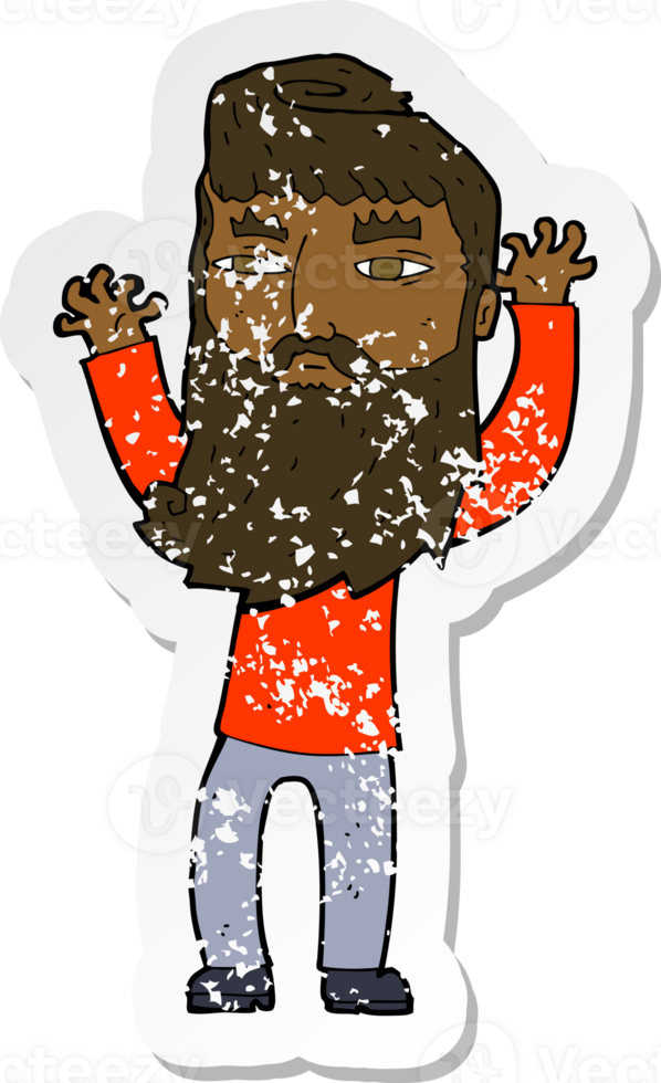 retro distressed sticker of a cartoon bearded man waving arms png