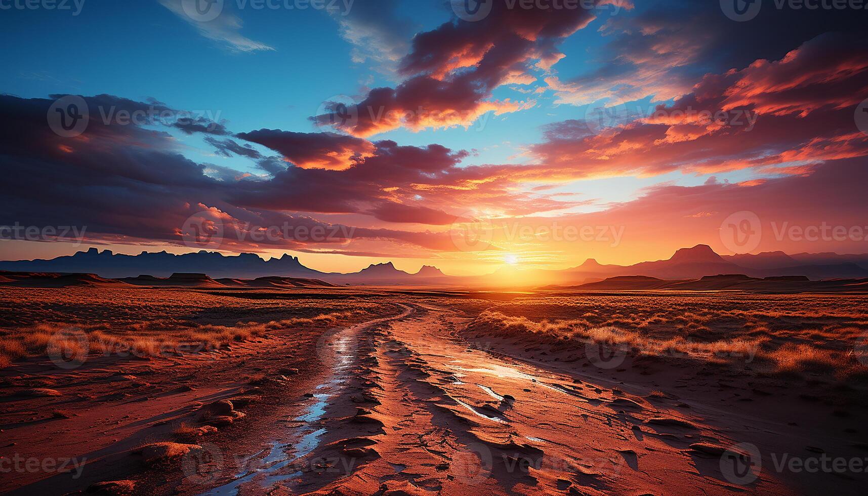 AI generated Tranquil sunset, nature beauty reflected in orange sky generated by AI photo