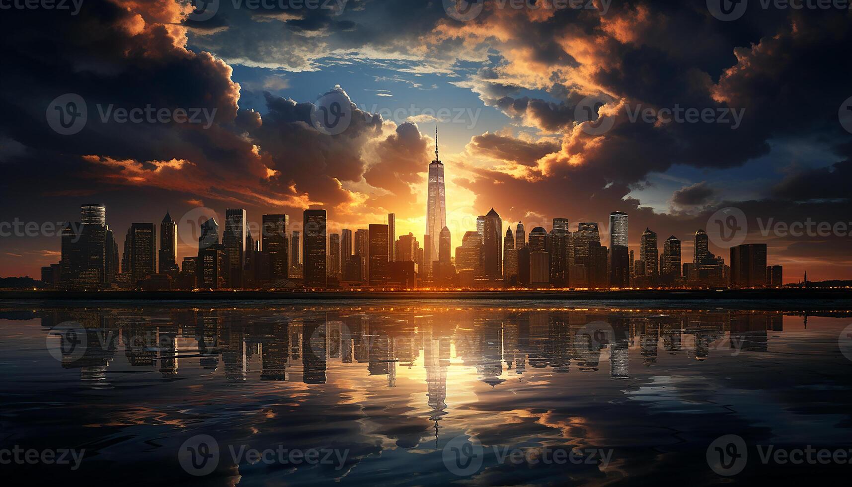 AI generated Cityscape silhouette reflects sunset on modern skyscrapers in waterfront skyline generated by AI photo
