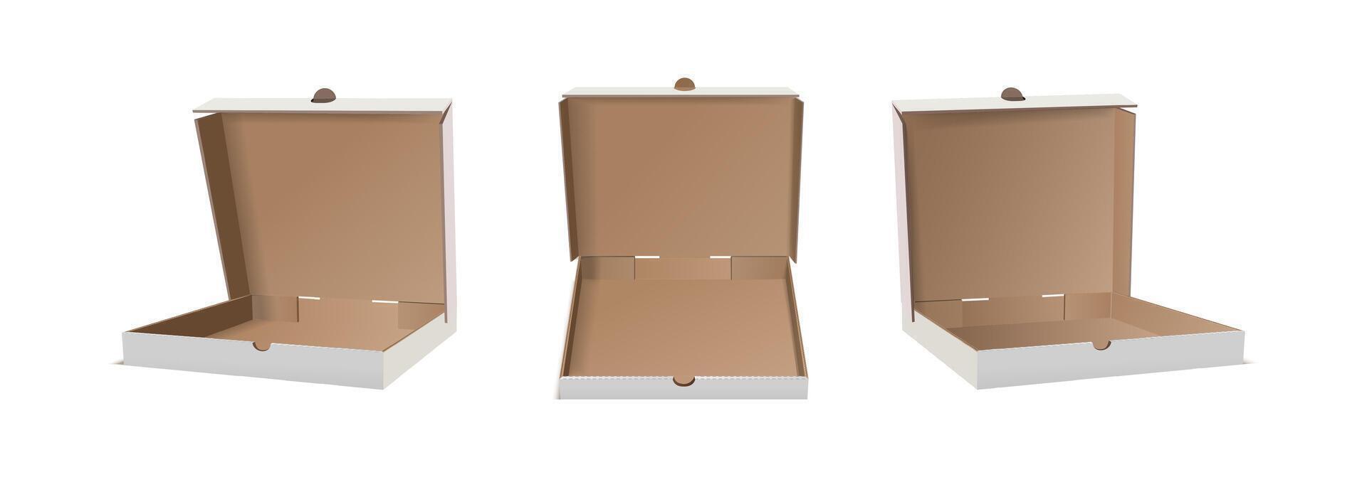 3d realistic vector icon illustration set. Side and front view cardboard open pizza boxes.