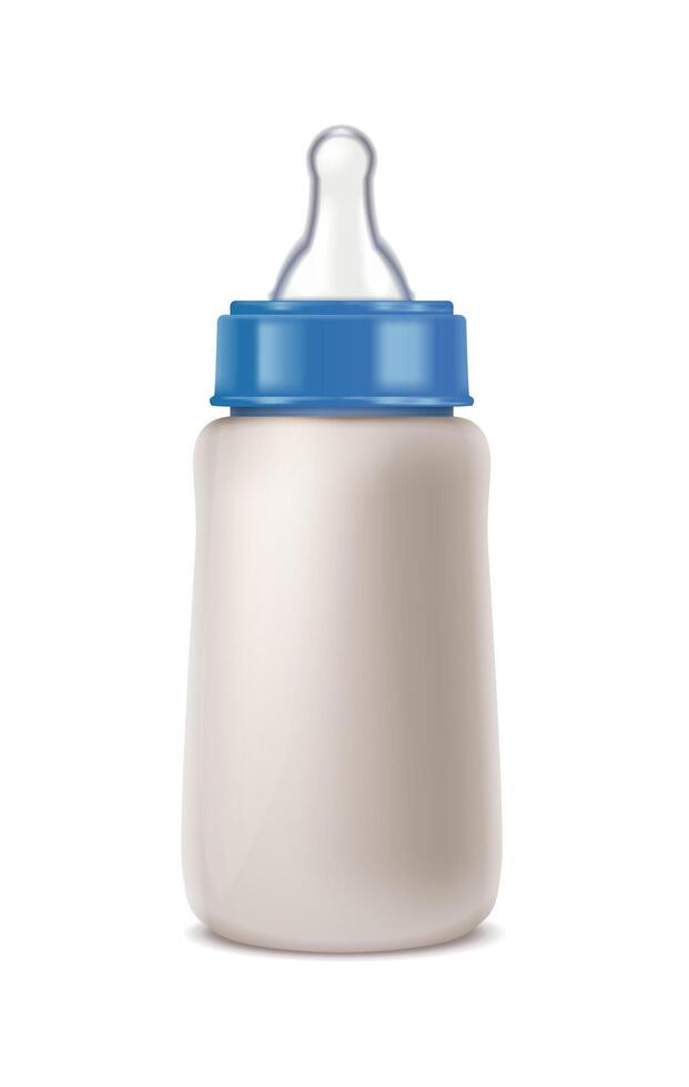 3d realistic vector icon. Blue milk baby bottle. Isolated on white background.