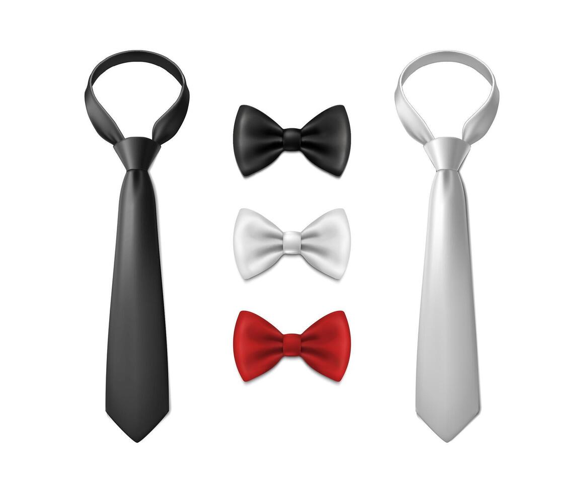 3d realistic vector icon illustration set. Black and white neck tie and bow.