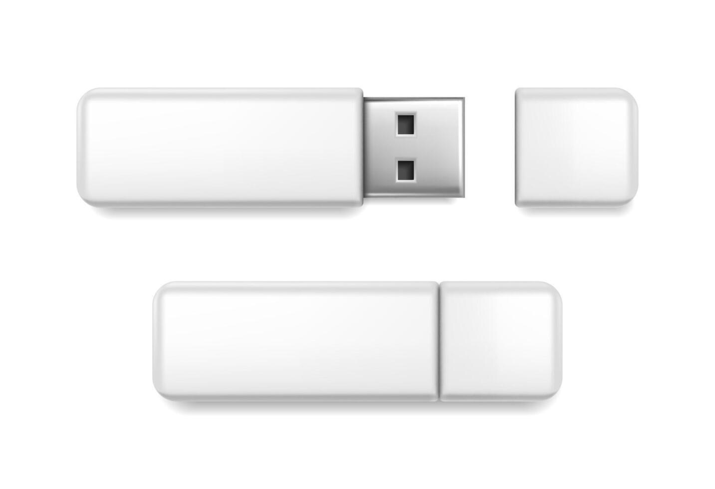 3d realistic vector icon. White USB flash drive. Isolated on white background.