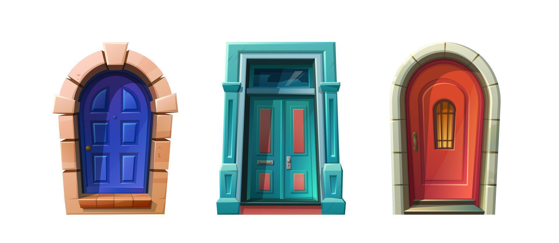 Vector cartoon style illustration. Wooden front doors in blue, red, stone arch castle medieval entrance.