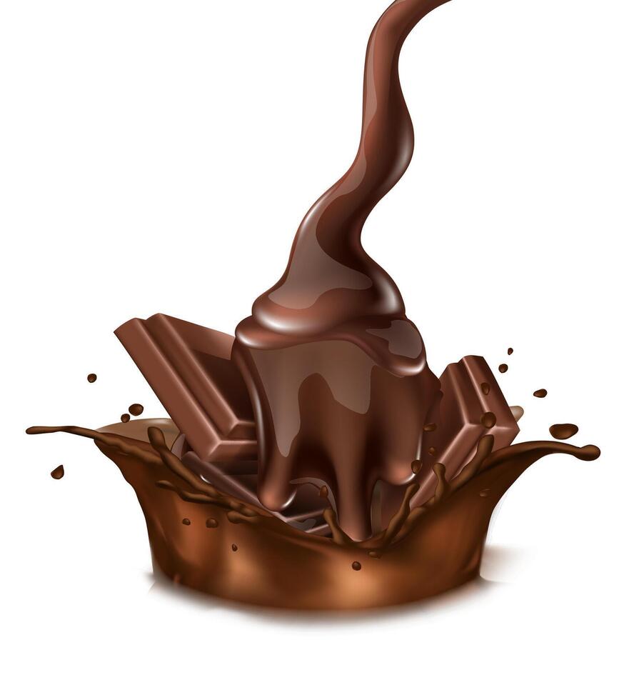 3d realistic vector icon. Chocolate splash with liquind and choco bar. Isolated.