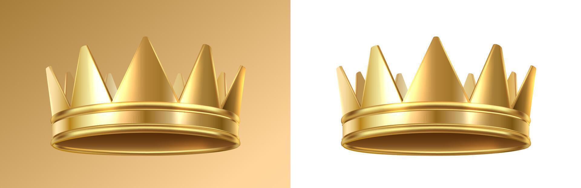 3d realistic vector icon. Golden king crown on dark and white background.