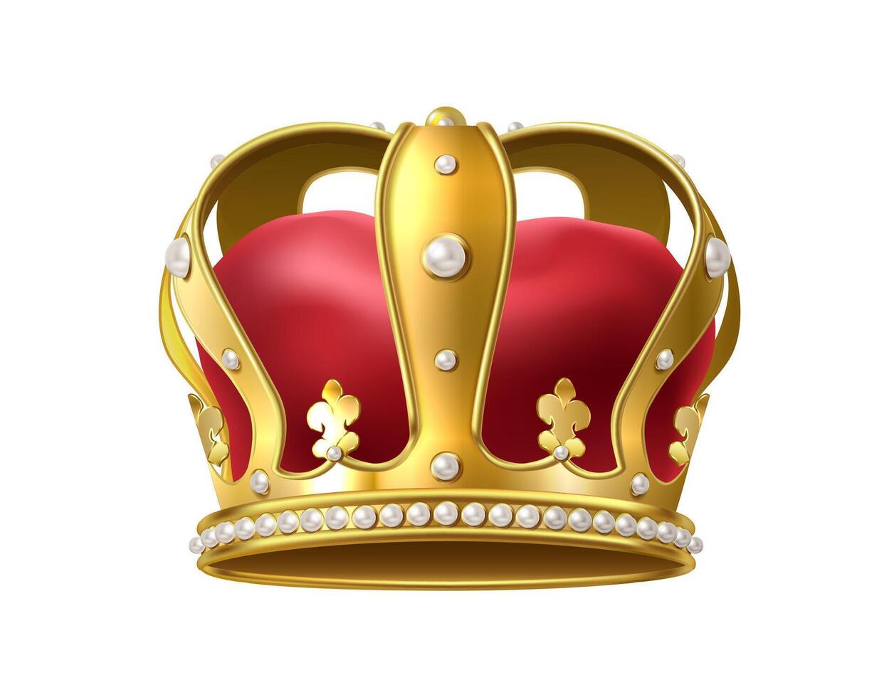 3d realistic vector icon. Royal golden king crown, royal coronation monarchy with red velvet and pearls. Isolated on white background.