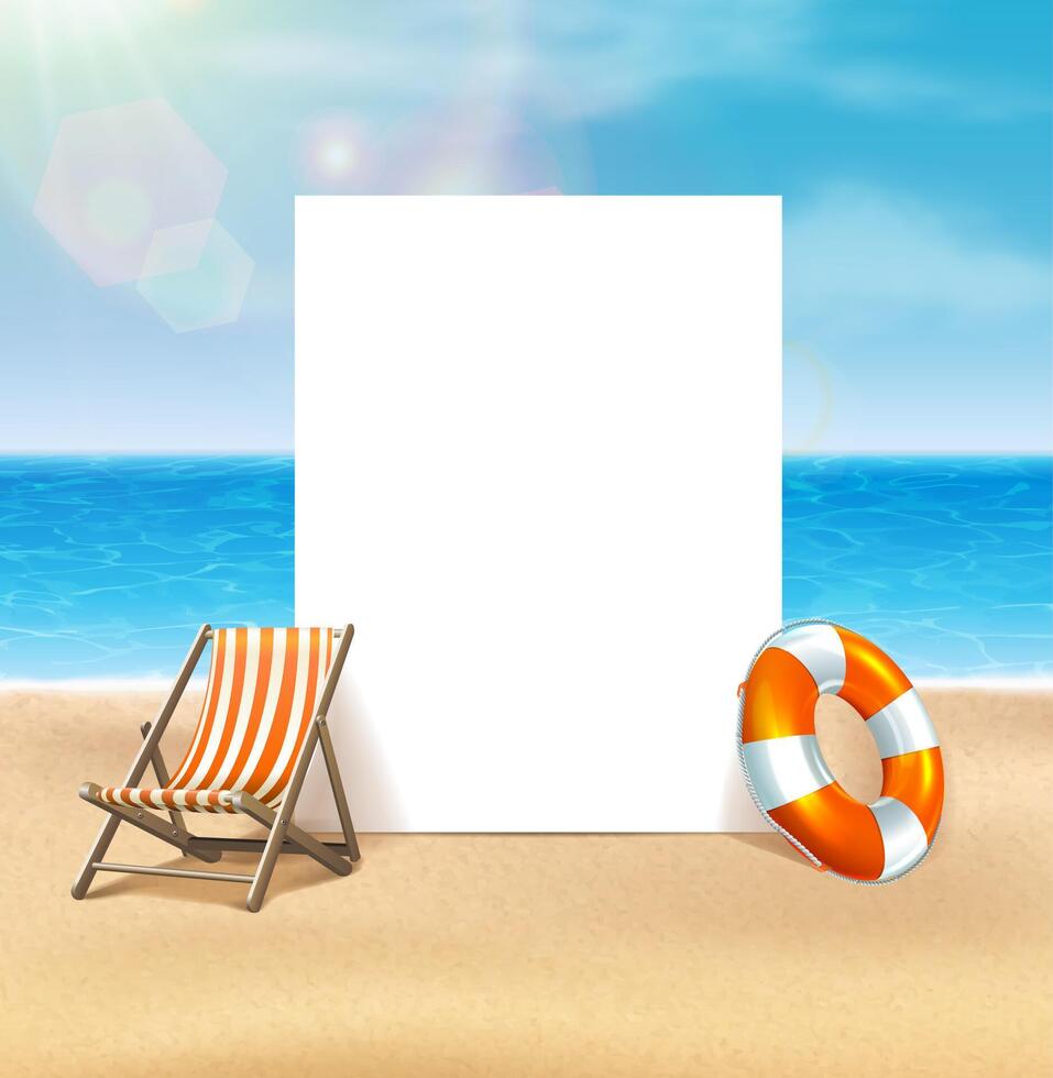 3d realistic vector illustration. Summer background. Beach sand with sea background. Paper copy space for banner menu or flyer with sunbed.