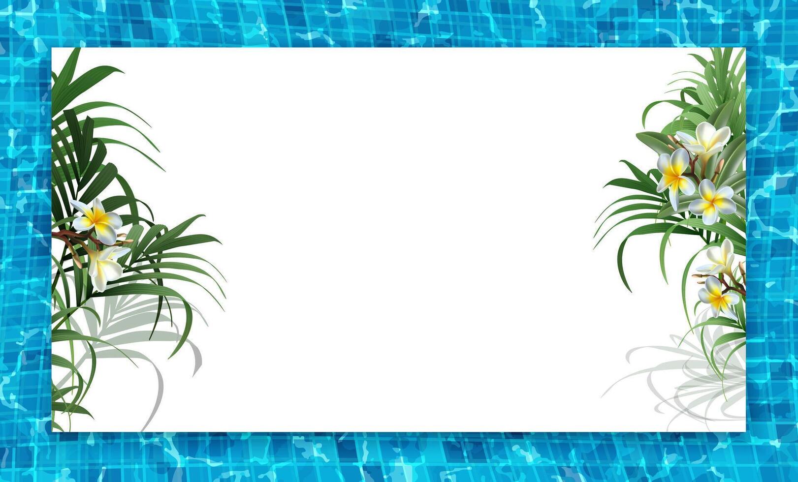 3d realistic vector illustration. Pool party banner with frangipani flowers frame.