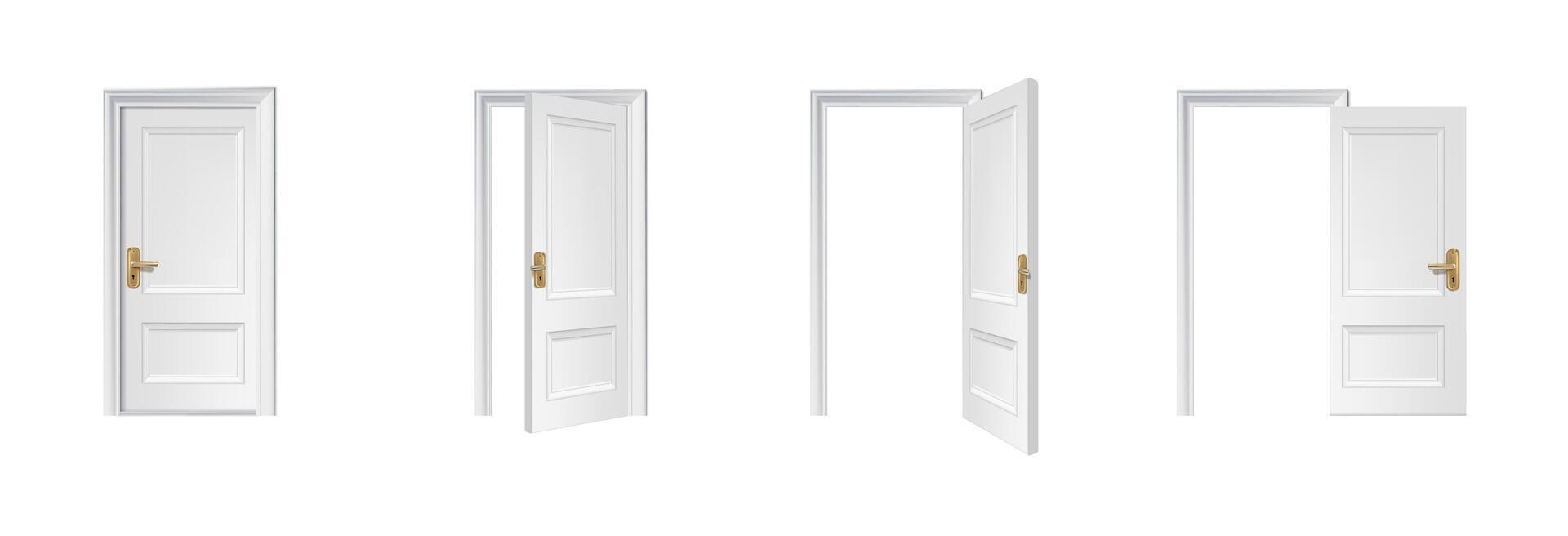 3d realista vector icono ilustración. blanco de madera puerta abrió y cerrado.