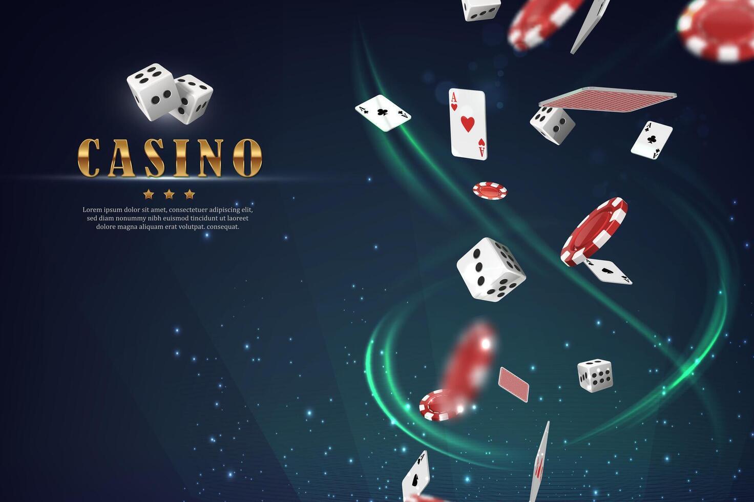 Online casino vector banner. On sci-fi green glowing background. with playing cards, chips and dice.