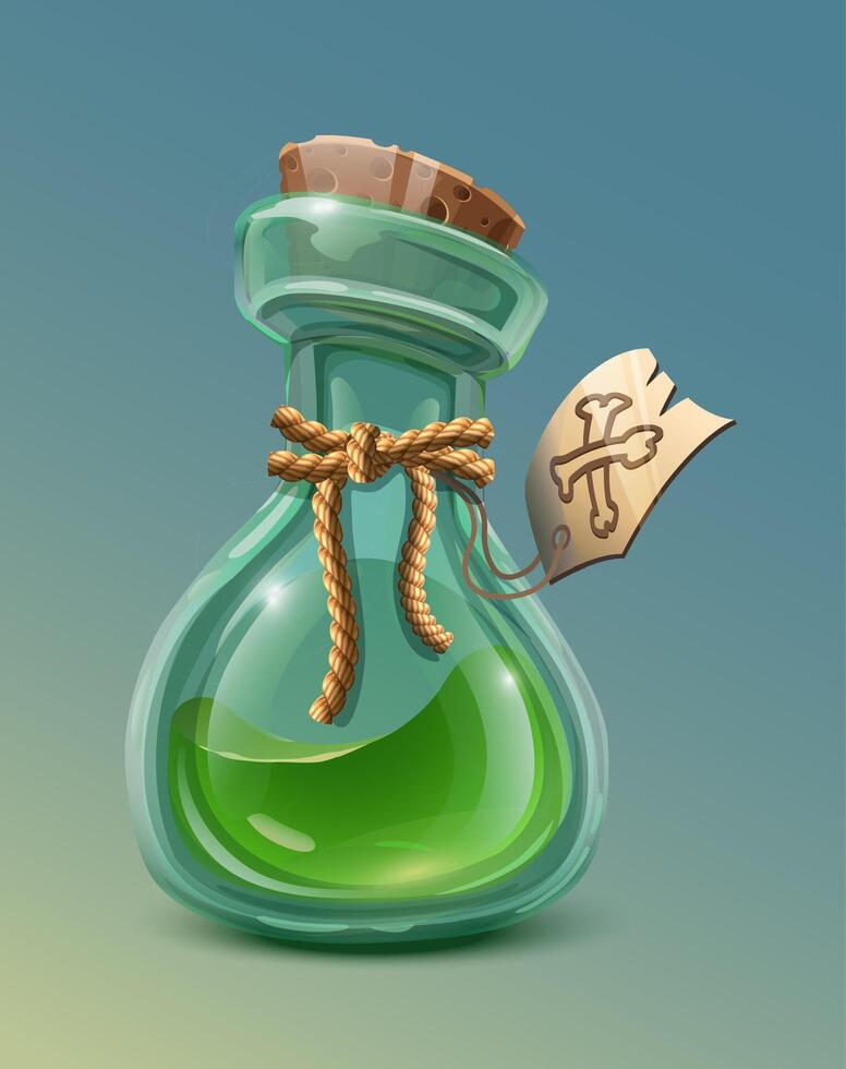 Vector cartoon style icon illustration. Glass bottle with corck with inside green poison with rope and label on it.