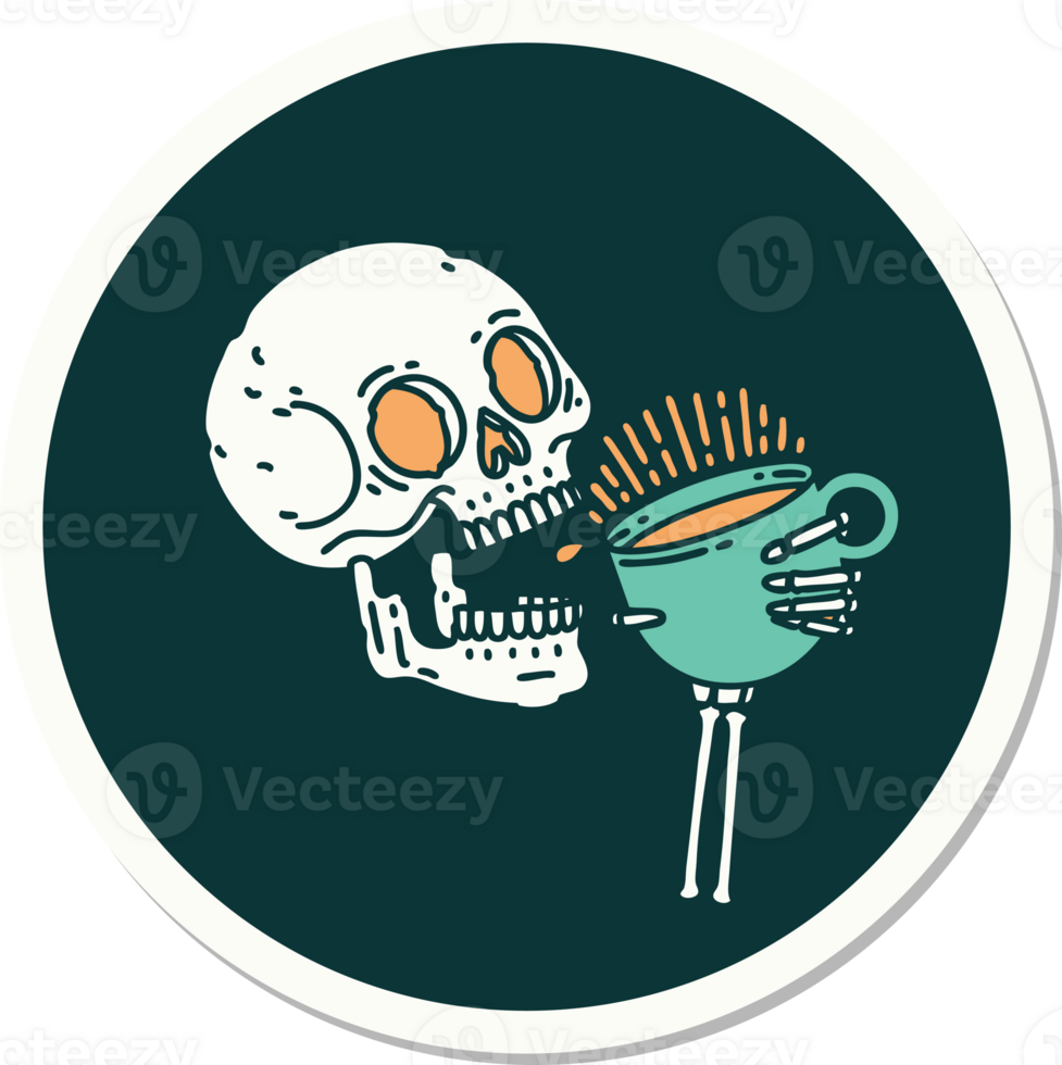 sticker of tattoo in traditional style of a skull drinking coffee png