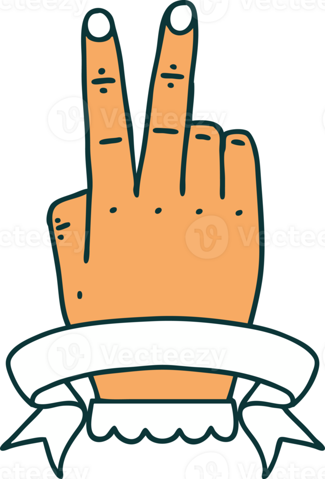 Retro Tattoo Style victory v hand gesture with banner png