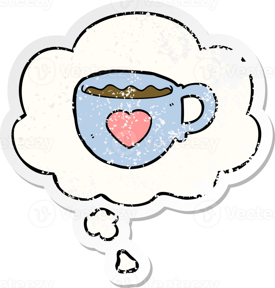 yo amor café dibujos animados taza con pensamiento burbuja como un afligido desgastado pegatina png