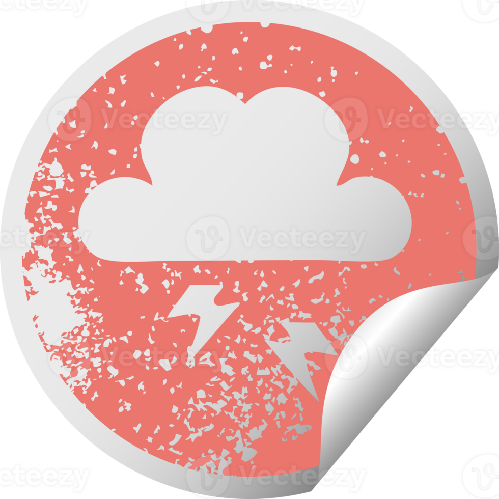 distressed circular peeling sticker symbol of a thunder cloud png
