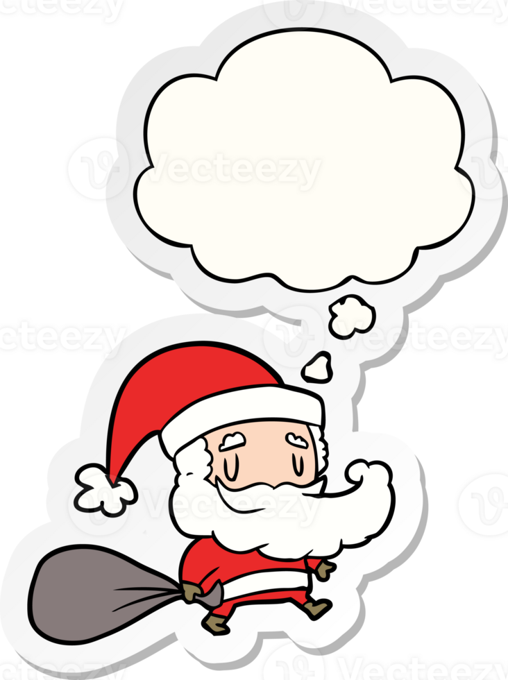 cartoon santa claus with sack and thought bubble as a printed sticker png