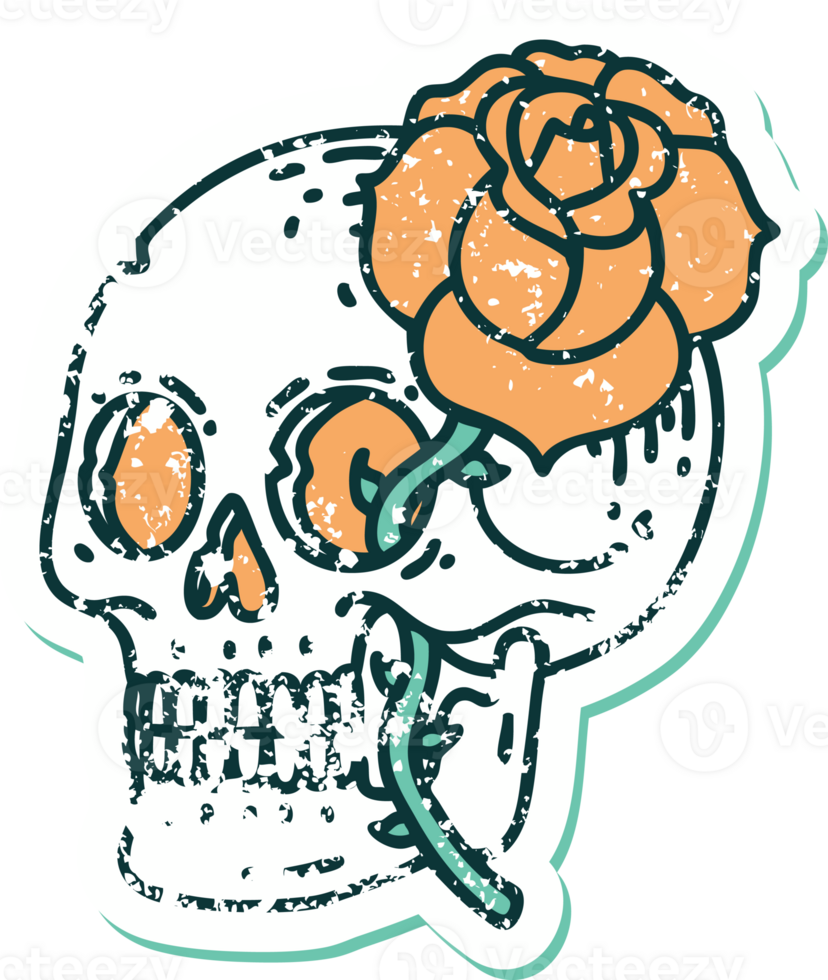 distressed sticker tattoo style icon of a skull and rose png