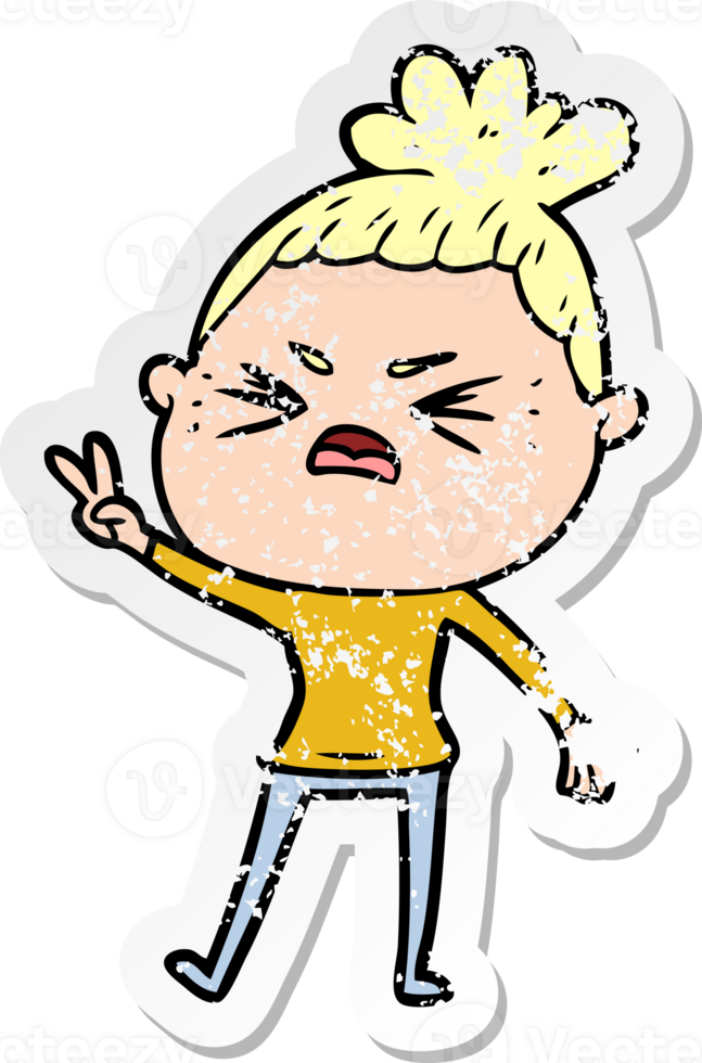 distressed sticker of a cartoon angry woman png