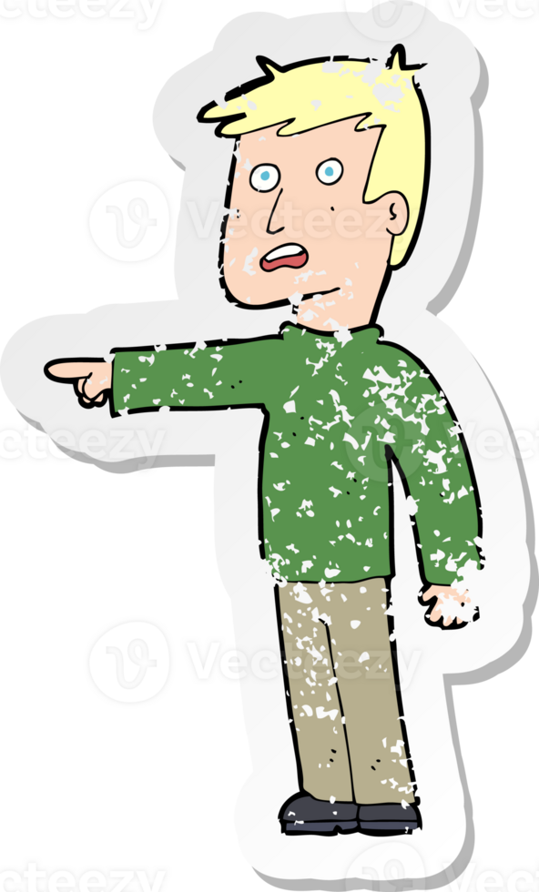 retro distressed sticker of a cartoon pointing man png