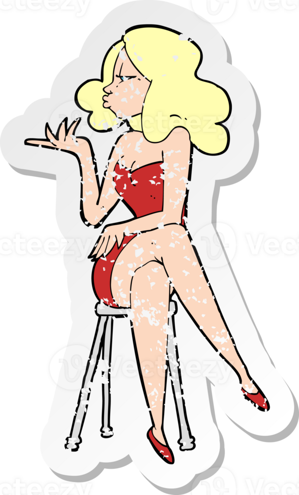 retro distressed sticker of a cartoon woman sitting on bar stool png