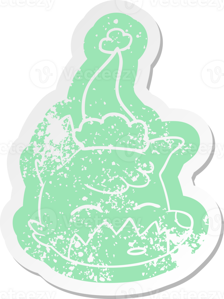 cartoon distressed sticker of a fox face wearing santa hat png