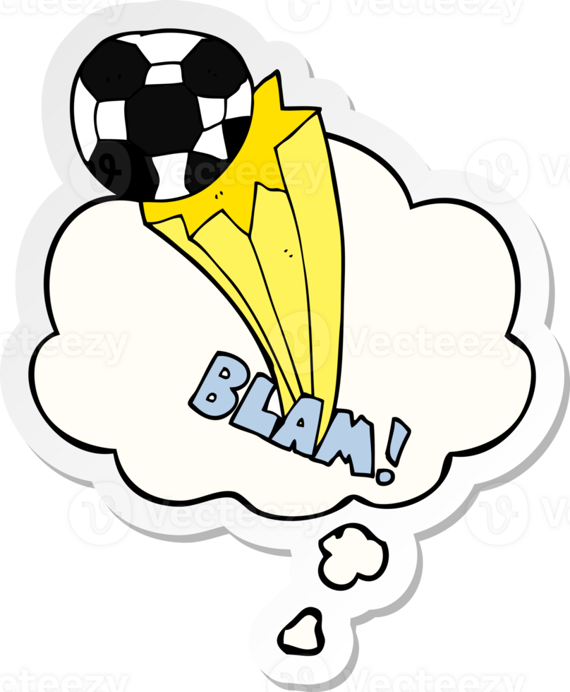 cartoon kicked soccer ball and thought bubble as a printed sticker png