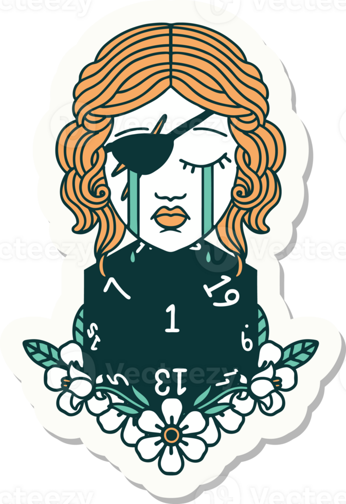 crying human rogue with natural one d20 roll sticker png