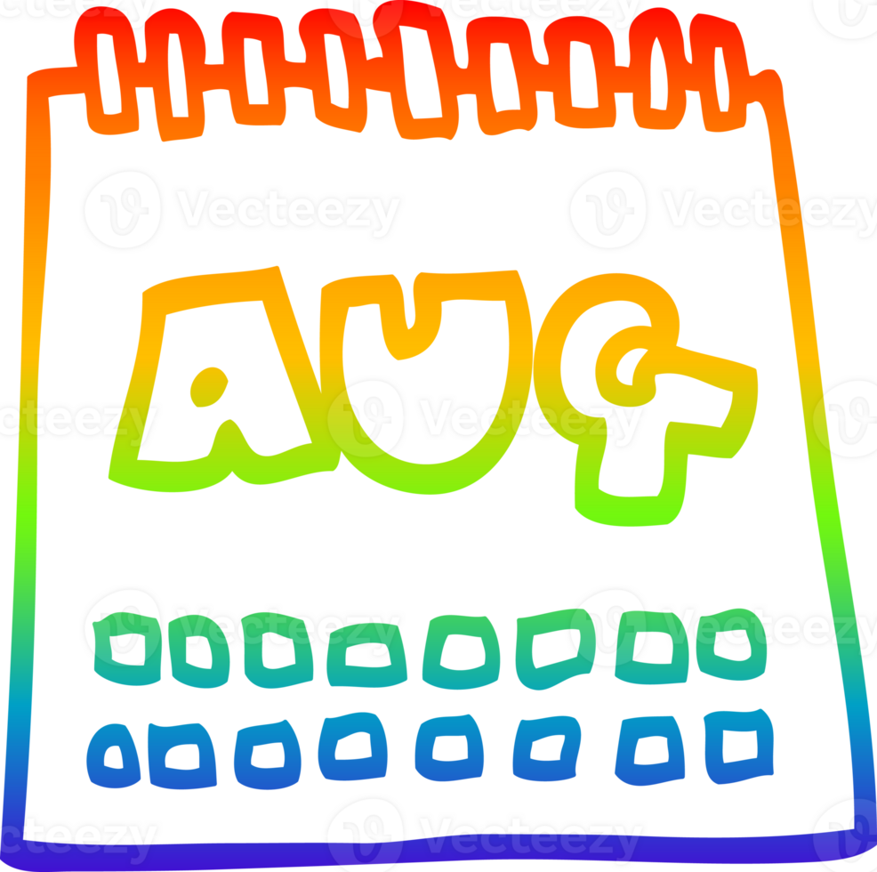 rainbow gradient line drawing cartoon calendar showing month of august png