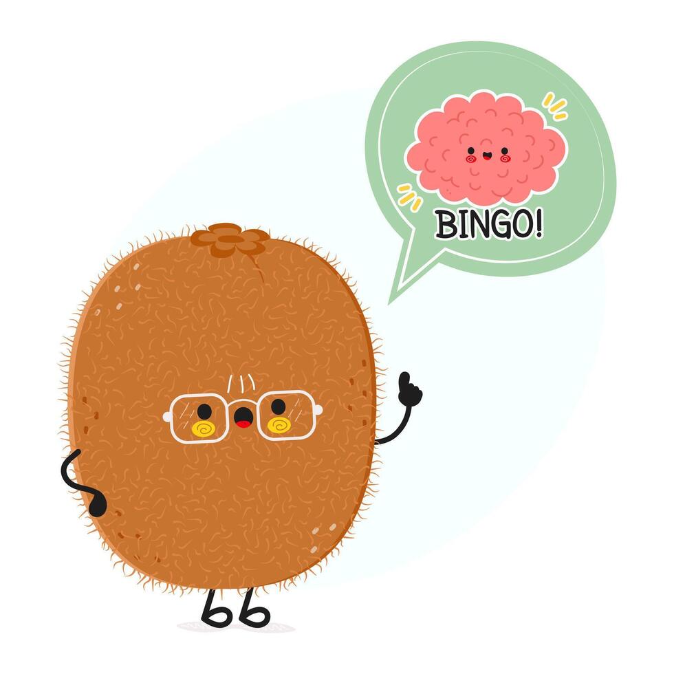 Kiwi fruit with speech bubble and brain character. Vector hand drawn cartoon kawaii character illustration. Isolated white background. Kiwi fruit poster and brain