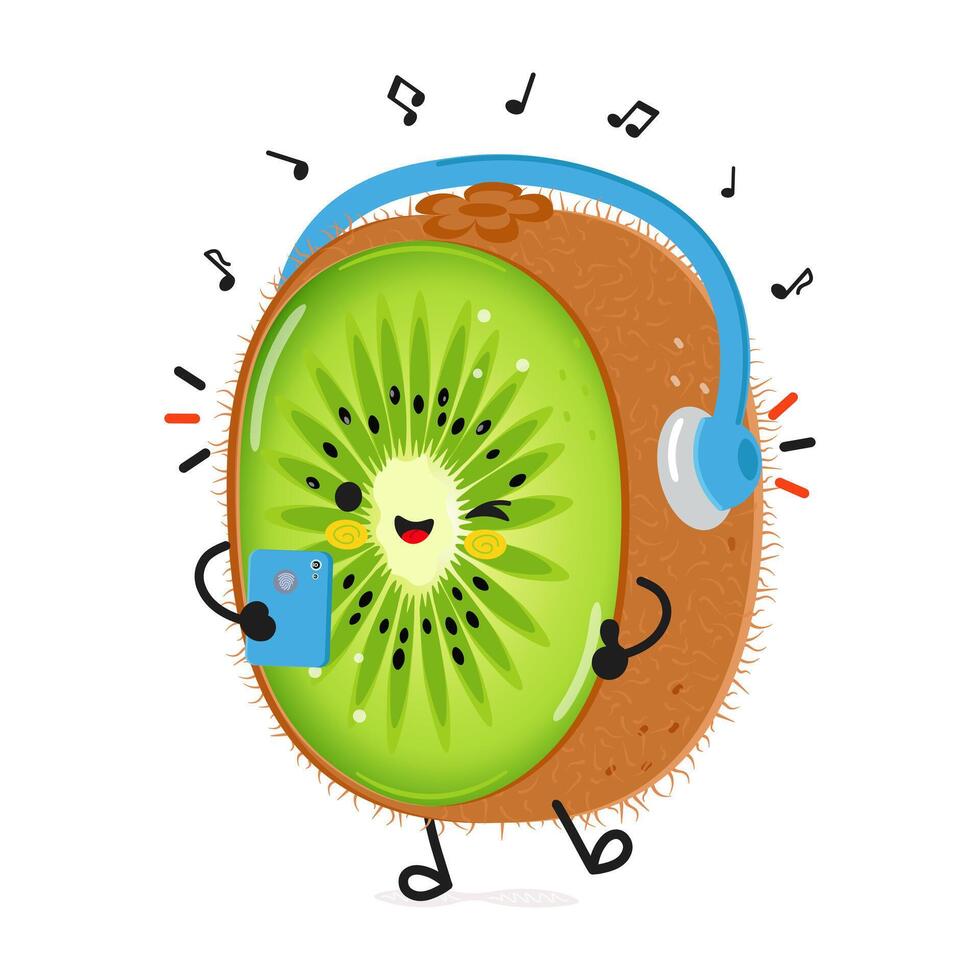 Kiwi fruit listens to music on headphones with a smartphone. Vector hand drawn cartoon kawaii character illustration icon. Isolated on white background. Kiwi fruit character concept