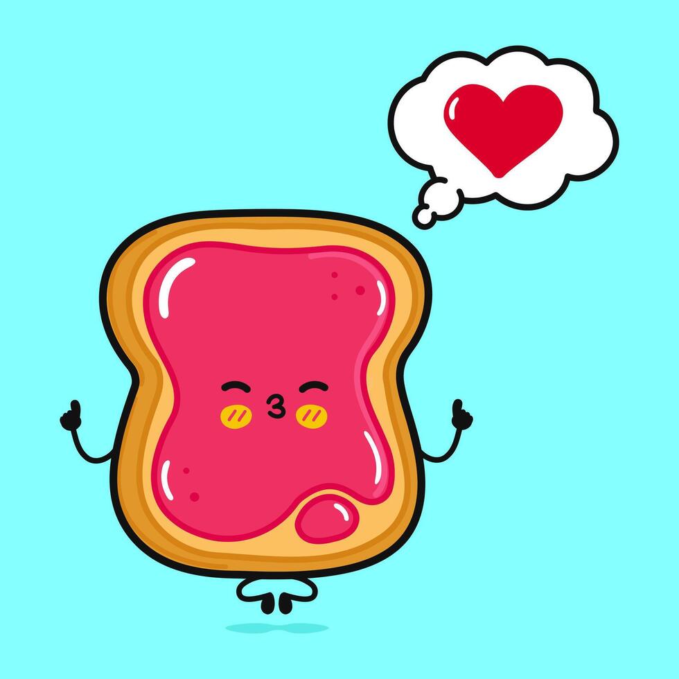 Toast piece of bread with jam doing yoga with speech bubble. Vector hand drawn cartoon kawaii character icon. Isolated on blue background. Toast piece of bread with jam in love character concept