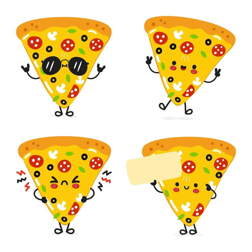 gracioso rebanada de Pizza caracteres haz colocar. vector mano dibujado garabatear estilo dibujos animados personaje ilustración icono diseño. linda rebanada de Pizza mascota personaje colección