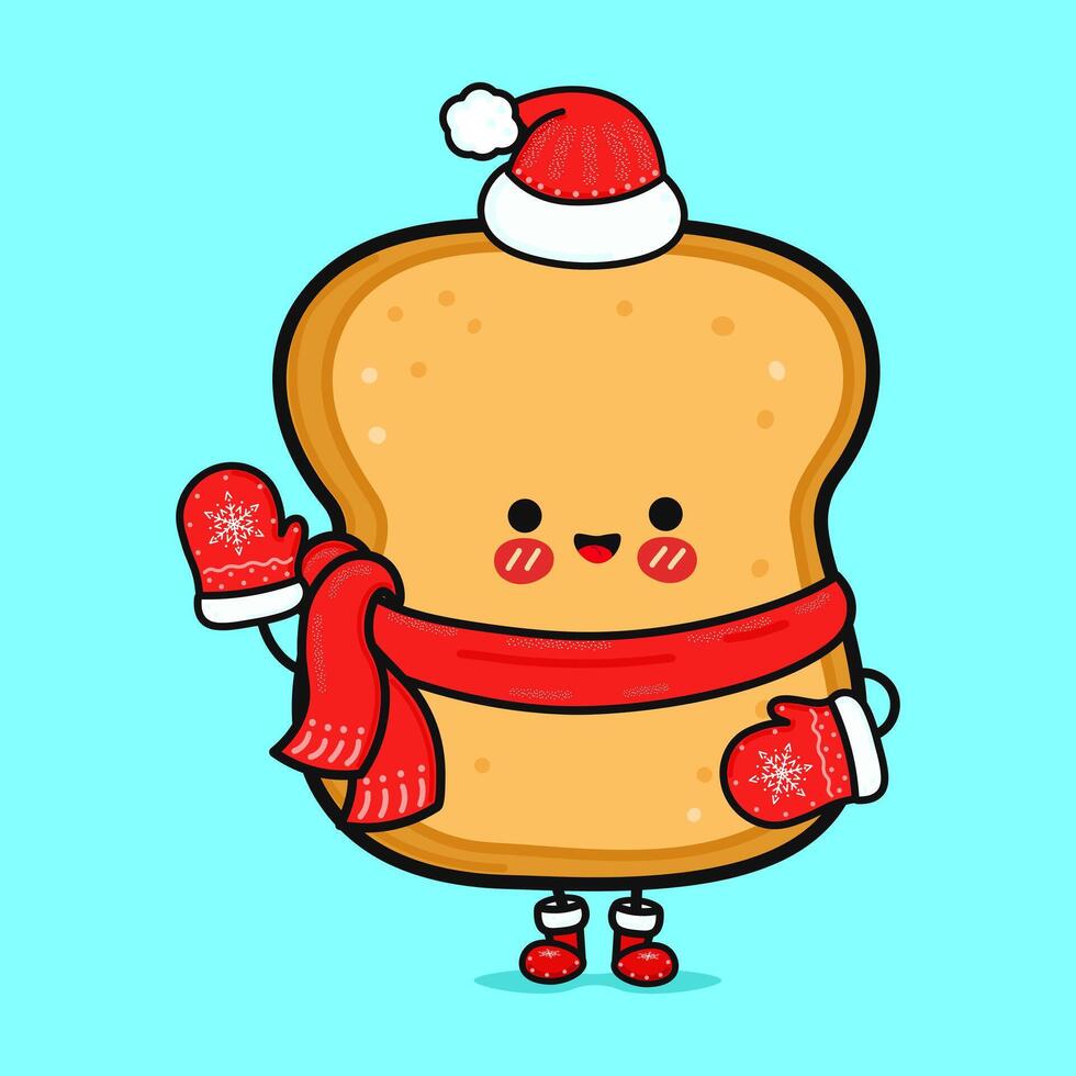 Funny smiling happy Toast piece of bread christmas. Vector flat cartoon character illustration icon design. Isolated on blue background