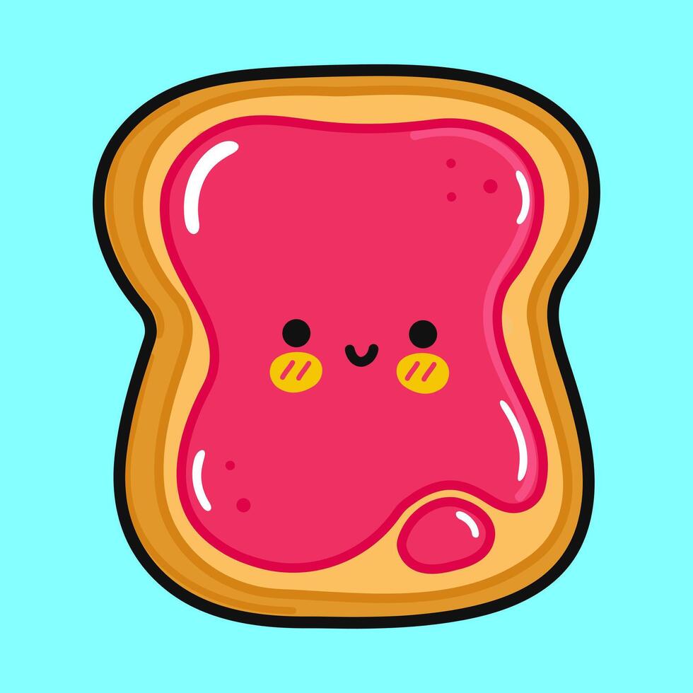 Cute funny Toast piece of bread with jam. Vector hand drawn cartoon kawaii character illustration icon. Isolated on blue background. Toast piece of bread with jam character concept