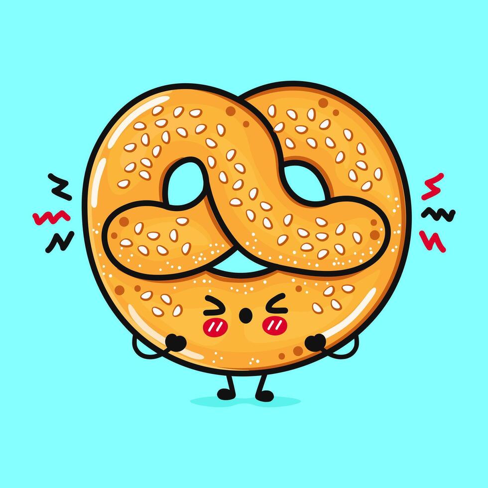 Angry French pretzel character. Vector hand drawn cartoon kawaii character illustration icon. Isolated on blue background. Sad French pretzel character concept
