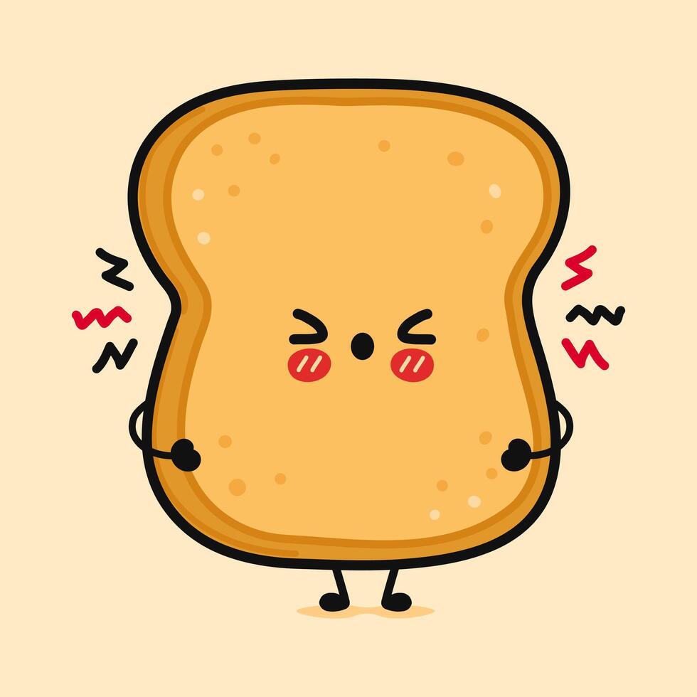 Angry Toast piece of bread character. Vector hand drawn cartoon kawaii character illustration icon. Isolated on brown background. Sad Toast slice of bread character concept