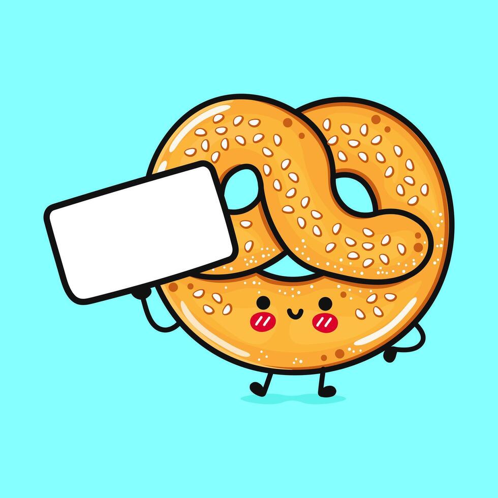 Cute funny French pretzel with poster. Vector hand drawn cartoon kawaii character illustration icon. Isolated on blue background. French pretzel think concept