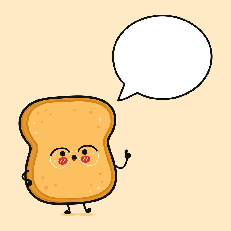 Toast piece of bread with speech bubble. Vector hand drawn cartoon kawaii character illustration icon. Isolated on brown background. Toast piece of bread character concept