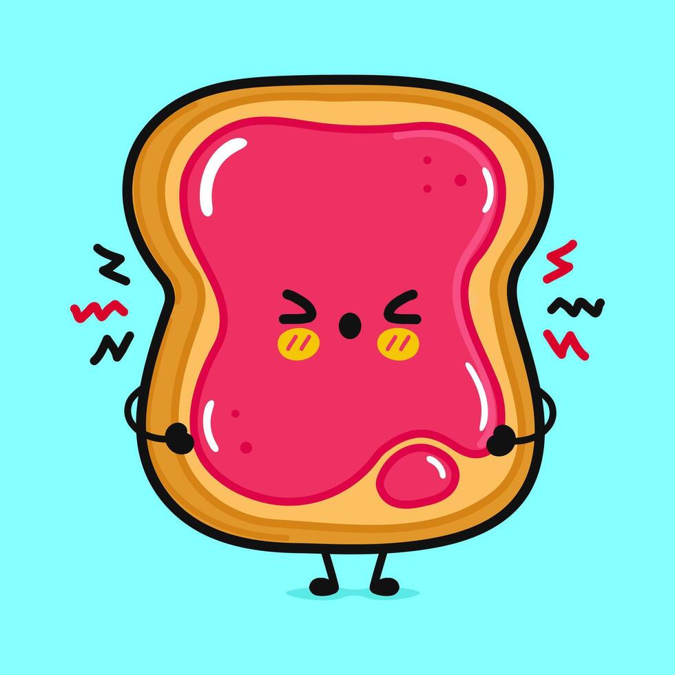 Angry Toast piece of bread with jam character. Vector hand drawn cartoon kawaii character illustration icon. Isolated on blue background. Sad Toast slice of bread with jam character concept