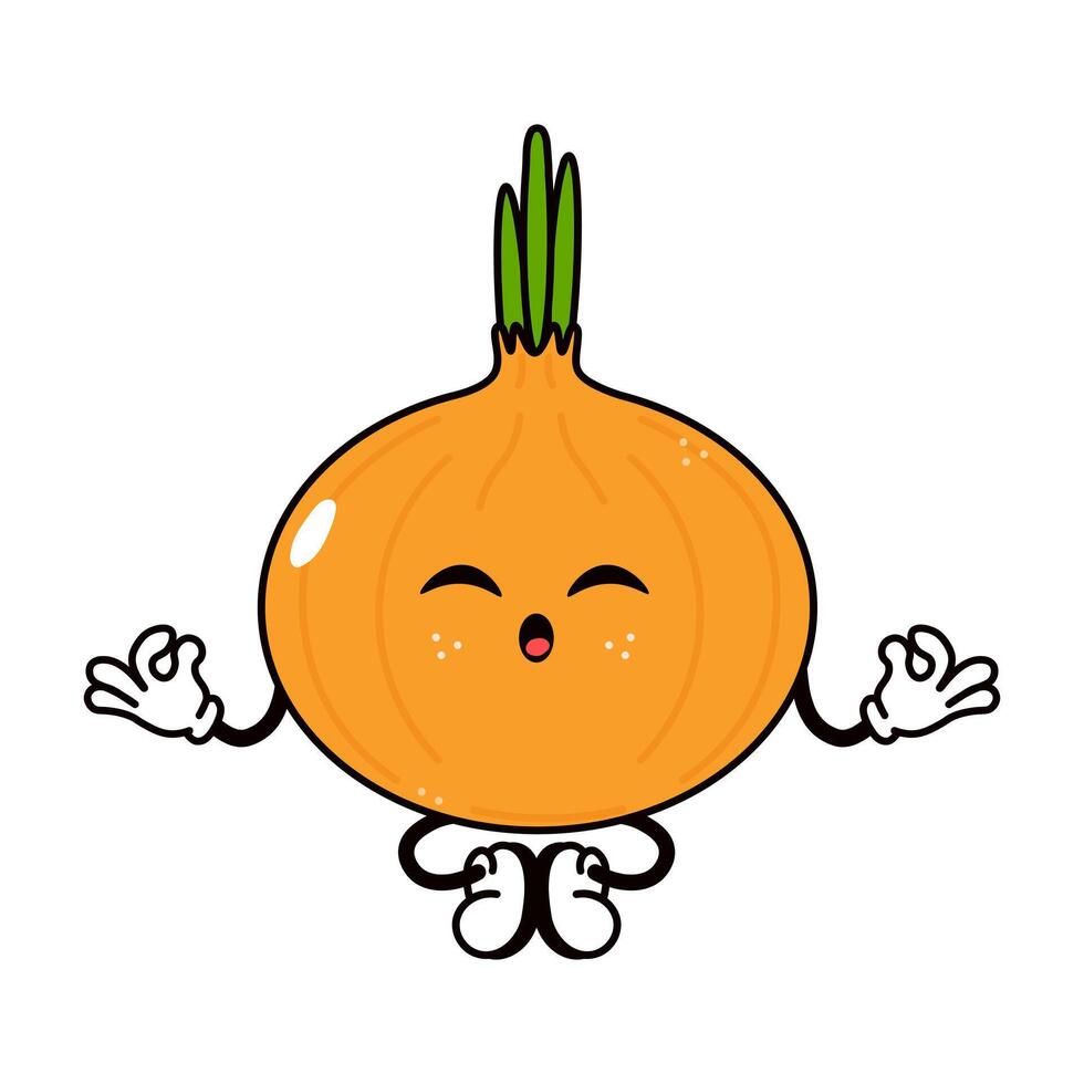 Cute funny Onion doing yoga character. Vector hand drawn traditional cartoon vintage, retro, kawaii character illustration icon. Isolated on white background. Onion relax character