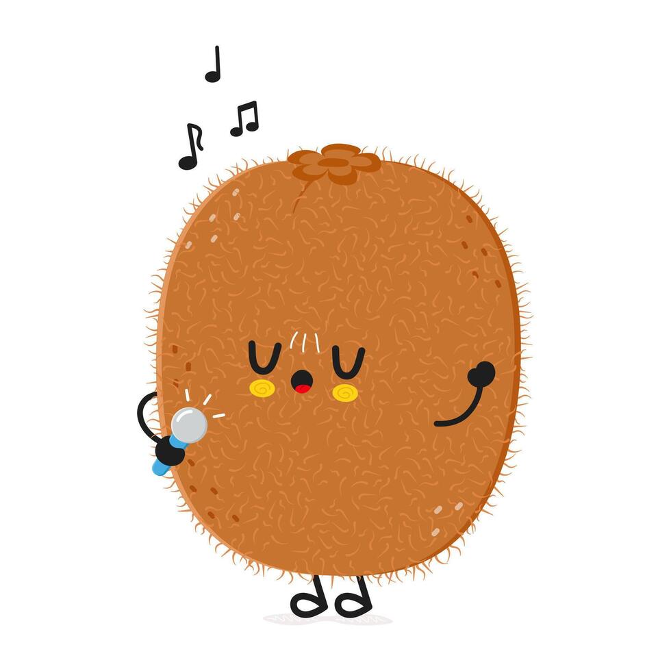 Kiwi fruit sings into a microphone character. Vector hand drawn cartoon kawaii character illustration icon. Isolated on white background. Kiwi fruit character concept