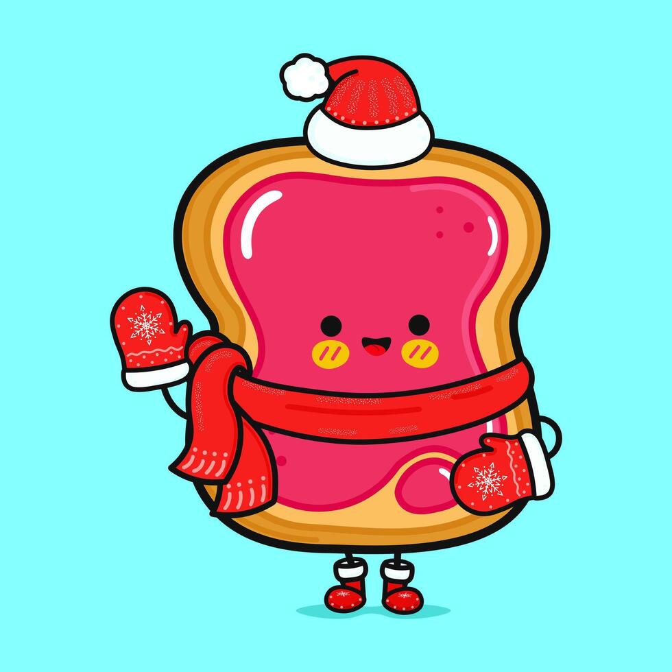 Funny smiling happy Toast piece of bread with jam christmas. Vector flat cartoon character illustration icon design. Isolated on blue background