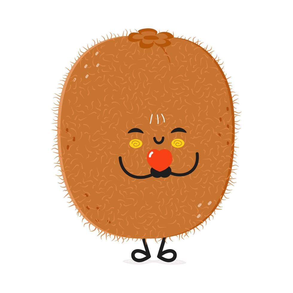 kiwi Fruta participación un corazón en manos personaje. vector mano dibujado dibujos animados kawaii personaje ilustración icono. aislado en blanco antecedentes. kiwi Fruta en amor personaje concepto