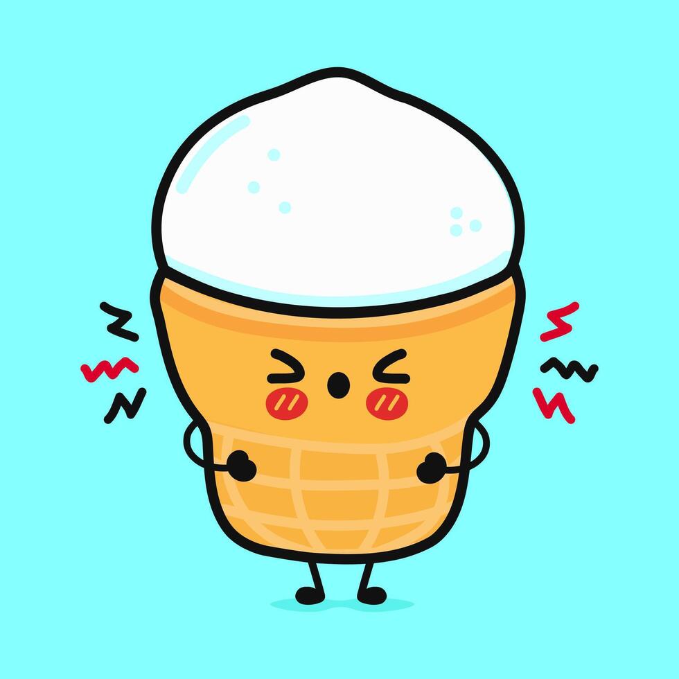 Angry Ice cream character. Vector hand drawn cartoon kawaii character illustration icon. Isolated on blue background. Sad Ice cream character concept