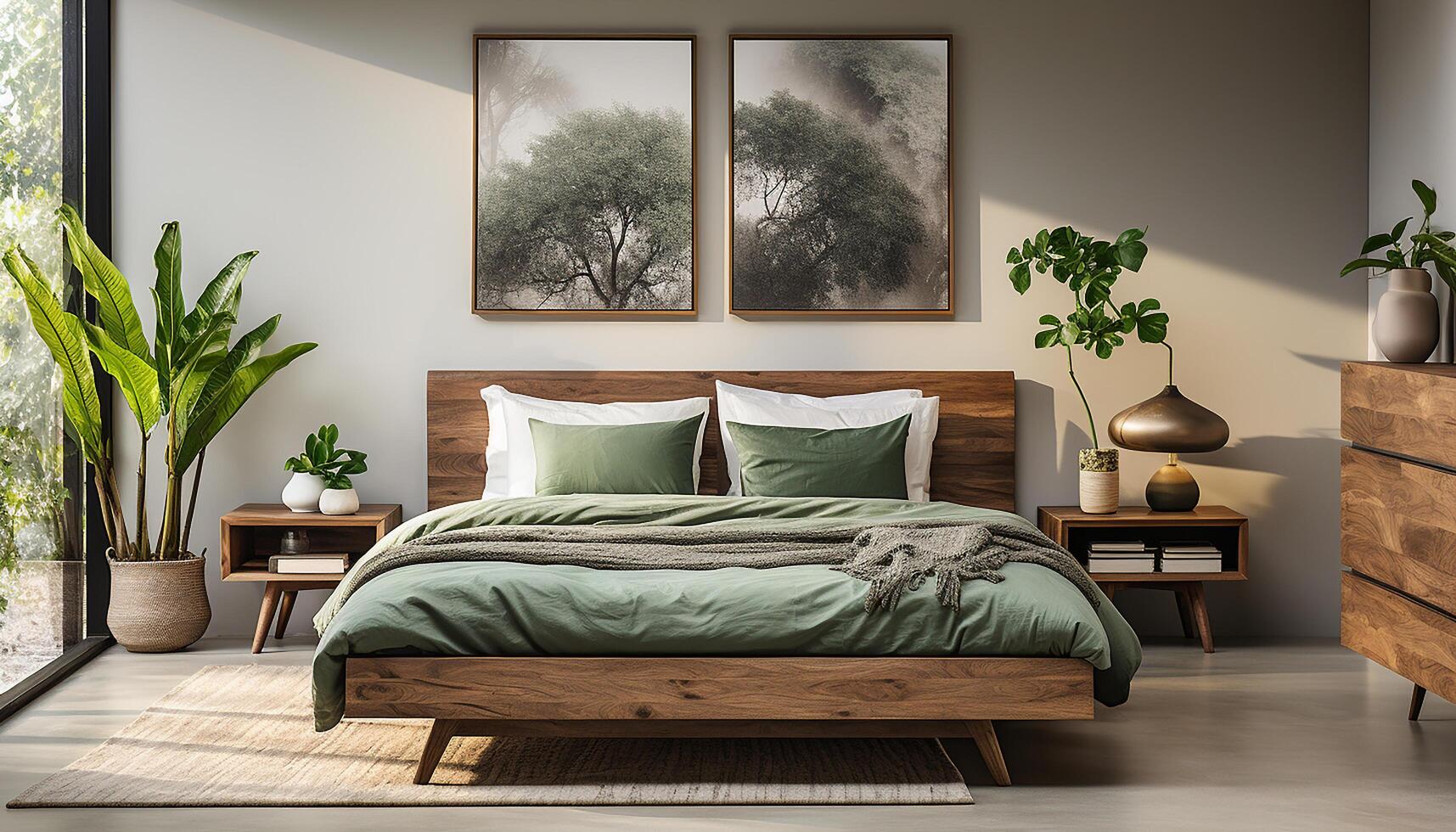 AI generated A modern bedroom with comfortable bed, elegant decor, and window generated by AI photo