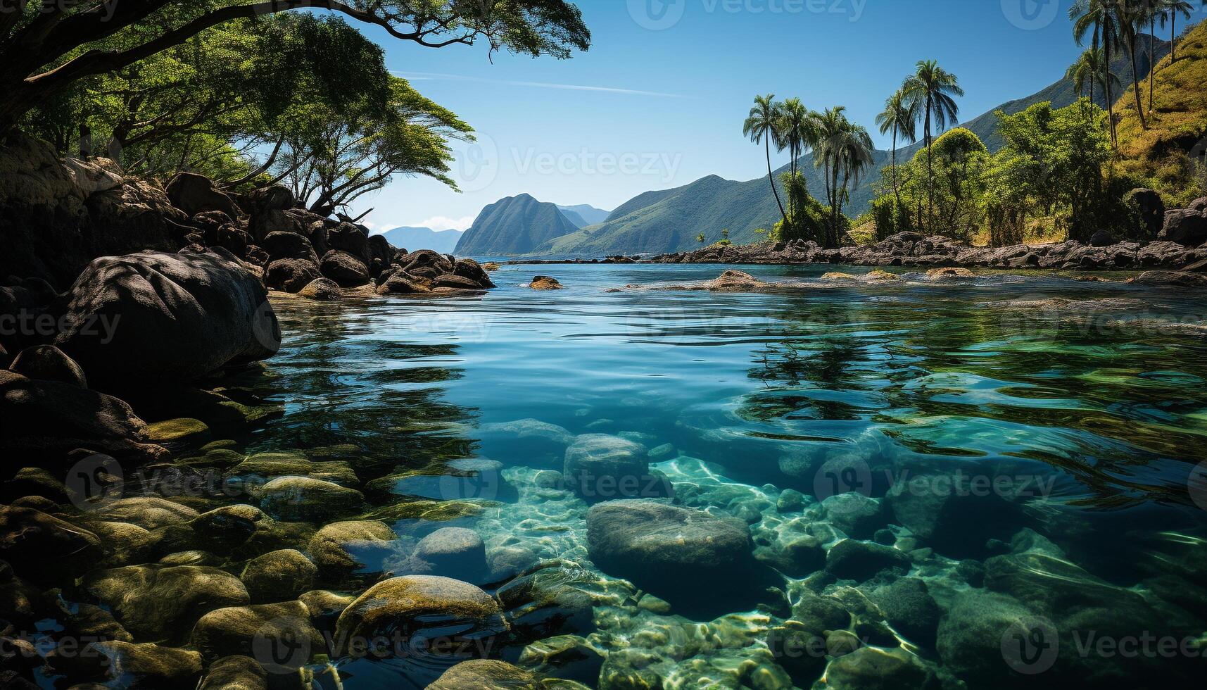 AI generated Tranquil scene blue waters, green trees, rocky mountains, serene beauty generated by AI photo